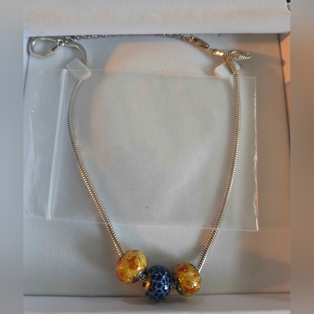NIB Elegant Silver Necklace with Blue and Gold Beads